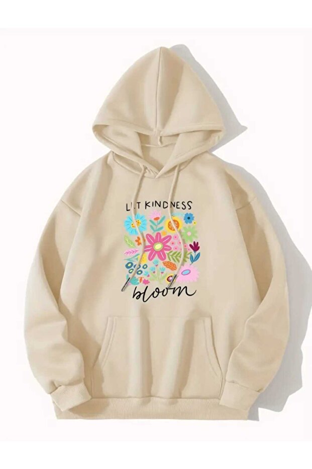 Let Kindness Printed Hooded Pocket Cotton Beige Sweatshirt