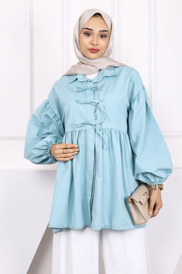 Mint Yeşili Kol Lastikli Ön Düğmeli Tunik - 3
