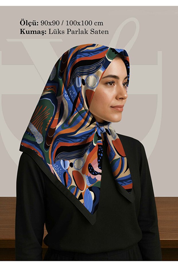 Abstract Geometric Pattern Scarf | Navy Blue & Dark Tones | 90X90 - 100X100Cm | Shiny Satin