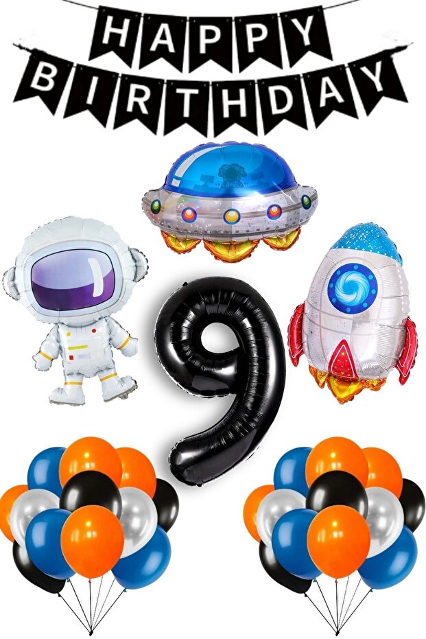 9 Year Old Astronaut Birthday Rocket Galaxy Spaceship Themed Birthday Full Set with Black Number Balloons