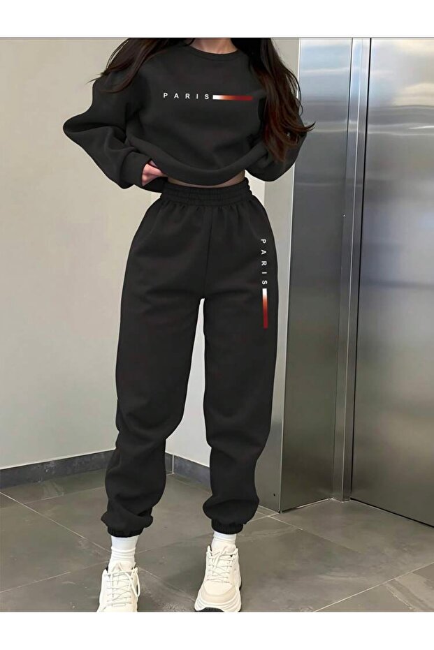 Paris Printed Unisex Oversize Cropped Sweatshirt Bottom/Top Tracksuit Set