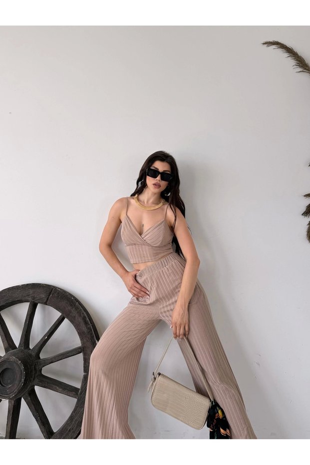 Rope Strap Crop Blouse and Slit Detailed Trousers Double Set