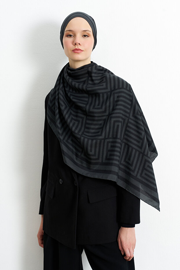 Pamuk İpek Monogram Desen Şal - 1