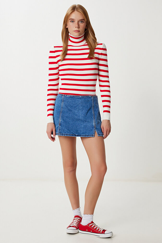 Women's Red Bone Turtleneck Striped Sweater Sweater Ki̇00147