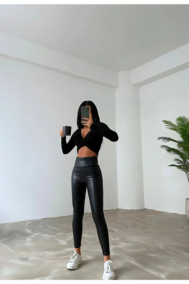 Fekete magas derekú széles derékú bőr leggings - 2