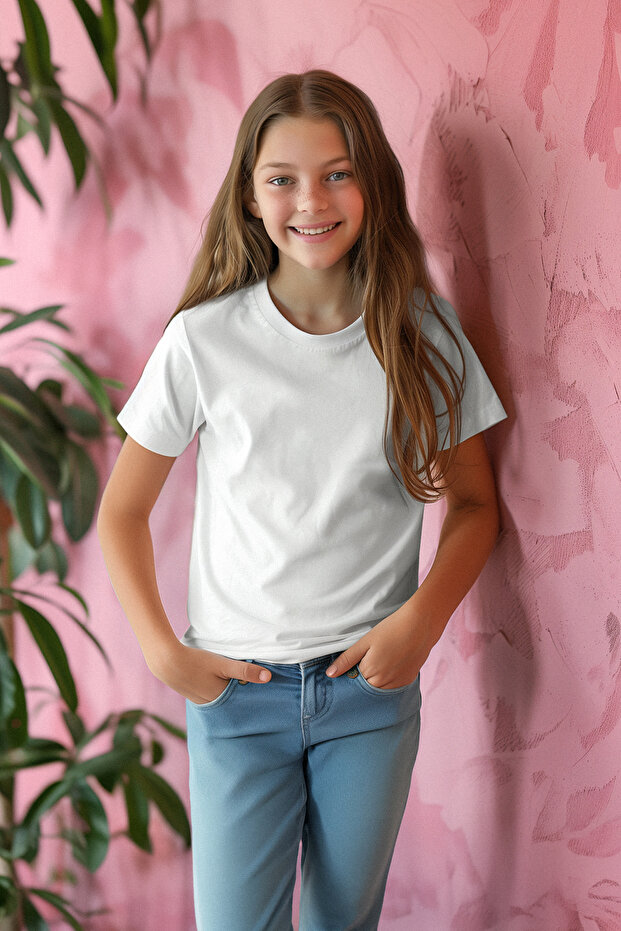 Beyaz-Pembe 2'li Kız Çocuk Pamuklu Basic Regular Kalıp Kısa Kol Örme T-Shirt TKDSS24TS00021 - 2