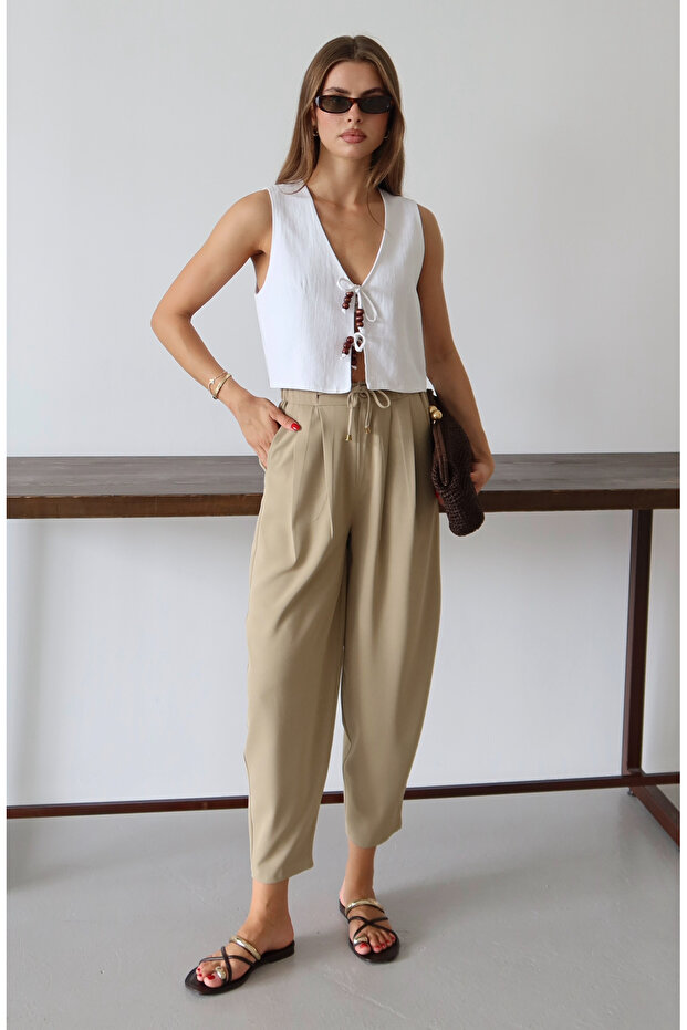 Açık Haki Şalvar/Harem Bağcıklı Pantolon TWOSS25PL00126 - 3