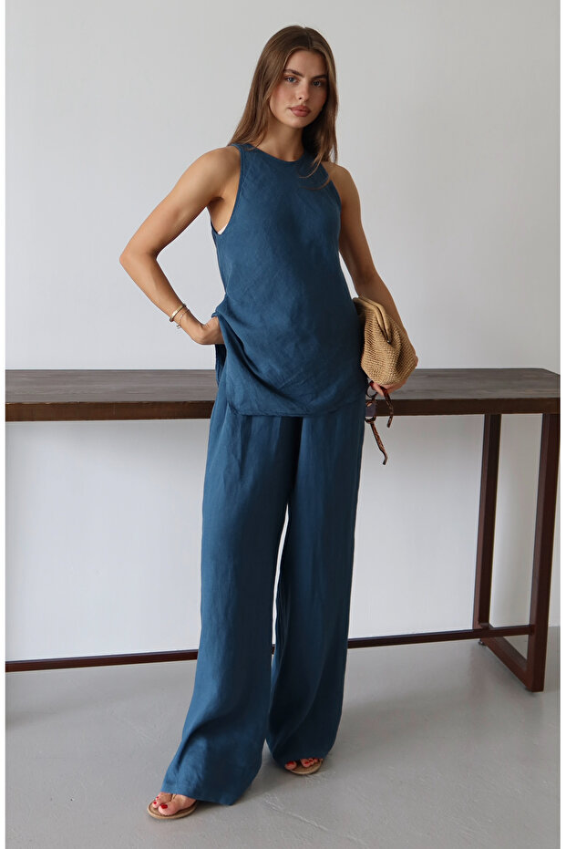 Indigo Keten Kolsuz Bluz ve Pantolon Dokuma Alt - Üst Takım TWOSS25AU00121 - 2