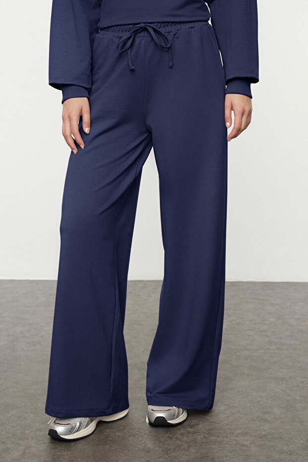 Lacivert Oversize Kalıp Wide Leg/Geniş Paça Örme Sweatshirt/Alt Eşofman Takımı TWOAW25EM00004 - 3