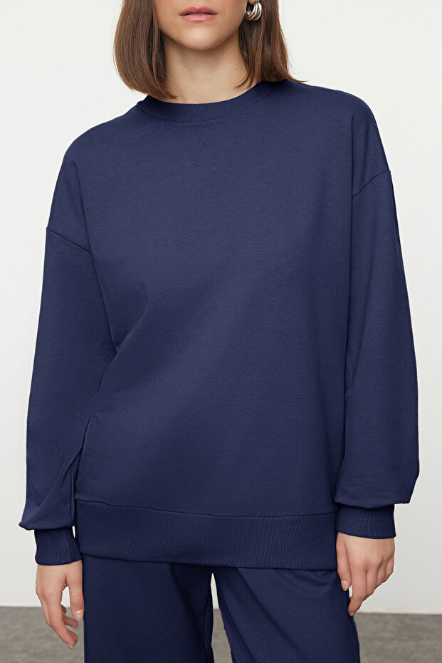 Lacivert Oversize Kalıp Wide Leg/Geniş Paça Örme Sweatshirt/Alt Eşofman Takımı TWOAW25EM00004 - 2