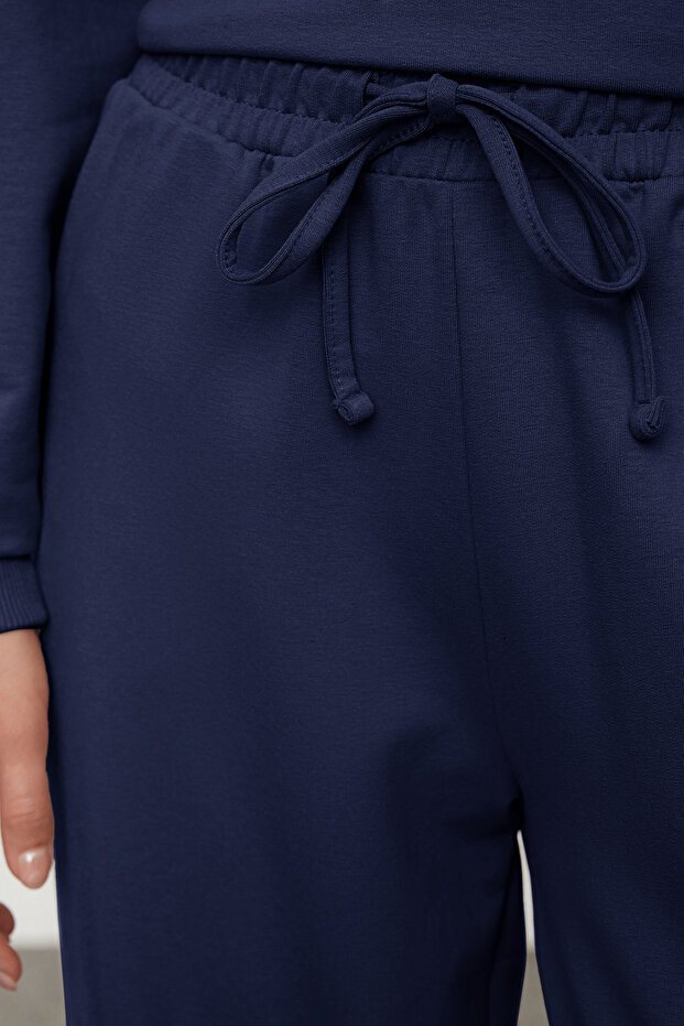 Lacivert Oversize Kalıp Wide Leg/Geniş Paça Örme Sweatshirt/Alt Eşofman Takımı TWOAW25EM00004 - 4