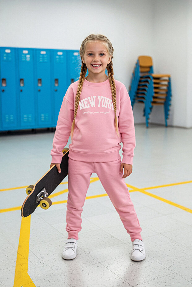 Pembe Pamuklu Slogan Baskılı Kız Çocuk Örme Sweatshirt ve Eşofman Alt-Üst Takım TKDAW25AU00038