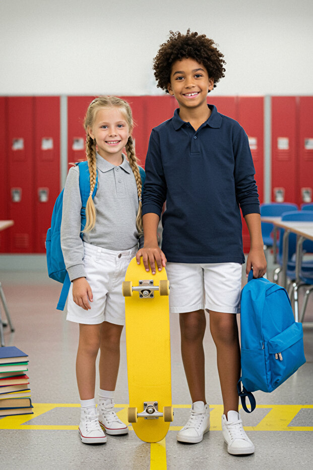 Navy Blue-Grey 2-Piece Boys' Seasonal-Thin Polo Collar Long Sleeve School Basic T-Shirt Tkdaw25Ts00004
