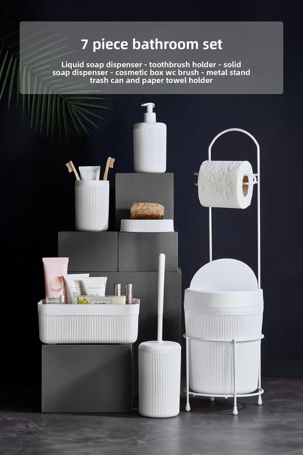 7 Piece White Bathroom Set with Metal Stand and Bucket, Wc Paper Holder, Cosmetic Box, Toothbrush Holder and Soap Dish