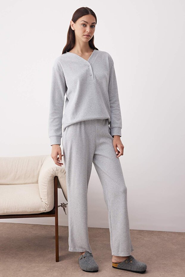 Gri Melanj Düğmeli Waffle Kumaş Örme Pijama Takımı THMAW26PT00000 - 2
