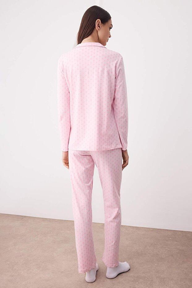 Pembe Pamuklu Likralı Yumuşak Tuşe Kurdele/Fiyonk Desenli Örme Pijama Takımı THMAW26PT00073 - 4