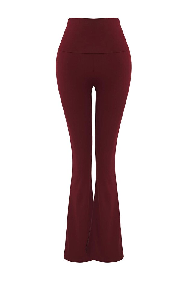 Bordo Fırçalı Soft Kumaş Bel Katlama Detaylı Flare/İspanyol Paça Yoga Örme Spor Tayt THMAW26TY00001 - 6