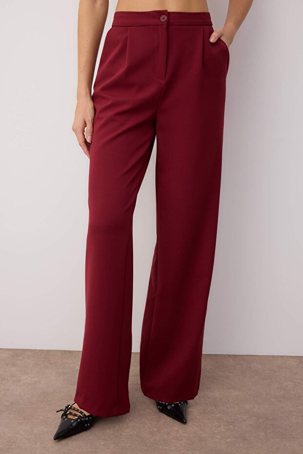 Bordo Wide Leg/Geniş Paça Dokuma Kumaş Pantolon TWOAW22PL0139 - 3