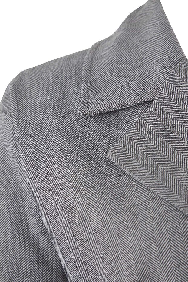 Siyah Gri Balıksırtı Kruvaze Uzun Oversize Büyük Beden Kaşe Kaban TWOAW26DD00007 - 7