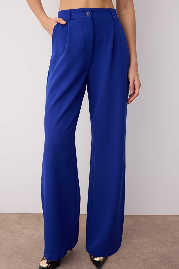 Mavi Yüksek Bel Wide Leg/Geniş Paça Pilili Dokuma Kumaş Pantolon TWOAW21PL0076 - 4