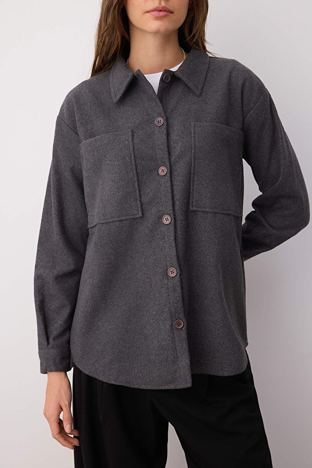 Antrasit Çift Cepli Oversize/Geniş Kalıp Kaşe Dokuma Gömlek TWOAW23GO00356 - 3