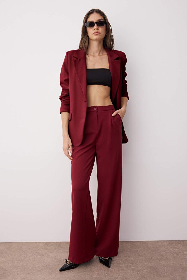 Bordo Wide Leg/Geniş Paça Dokuma Kumaş Pantolon TWOAW22PL0139 - 1