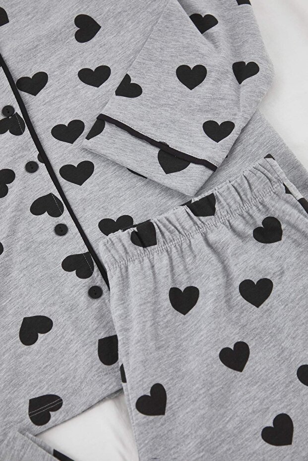 Gri Kalpli Gömlek Yaka Örme Pijama Takımı TBBAW23AI00015 - 3