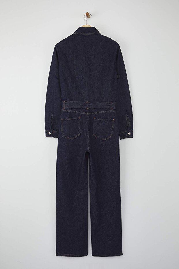Koyu Mavi Kemerli Geniş Paça Denim Tulum TWOAW26TU00003 - 5