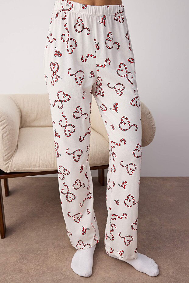 Ekru %100 Pamuklu Kalpli Gömlek Yaka Örme Pijama Takımı THMAW26PT00064 - 3