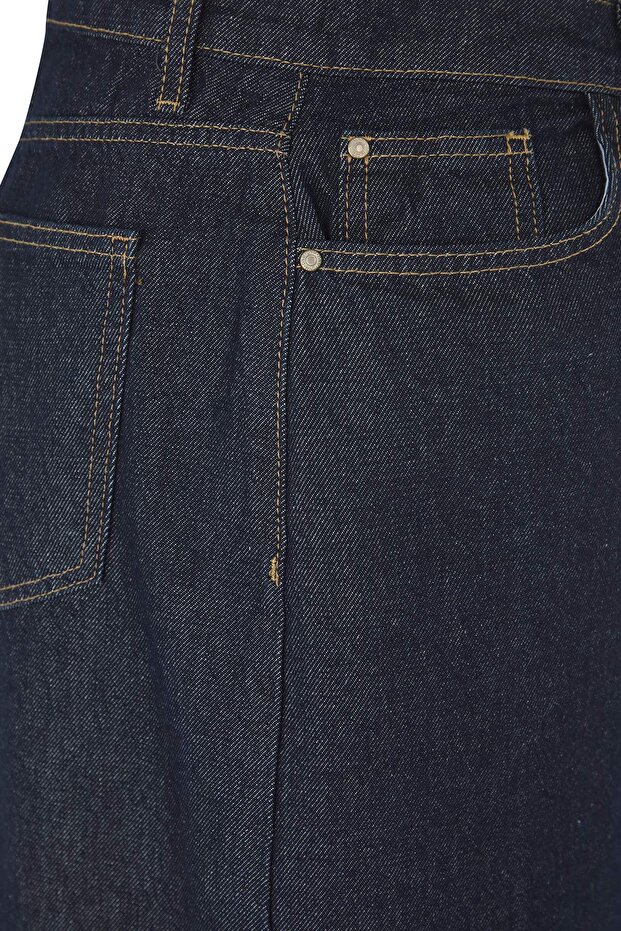 Koyu Mavi Ön Yırtmaçlı Midi Boy %100 Pamuk Non-Stretch Büyük Beden Denim Etek TBBSS23AZ00054 - 10