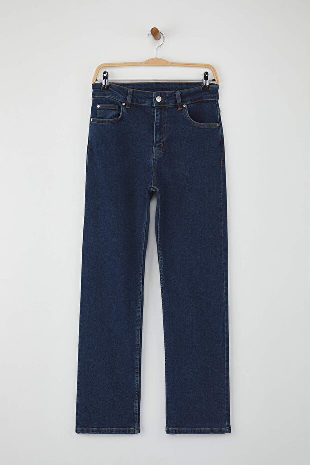 Koyu Mavi Yüksek Bel Comfort/Esnek/Rahat Straight Düz Kesim Boru Paça Jeans TWOAW26JE00062 - 5