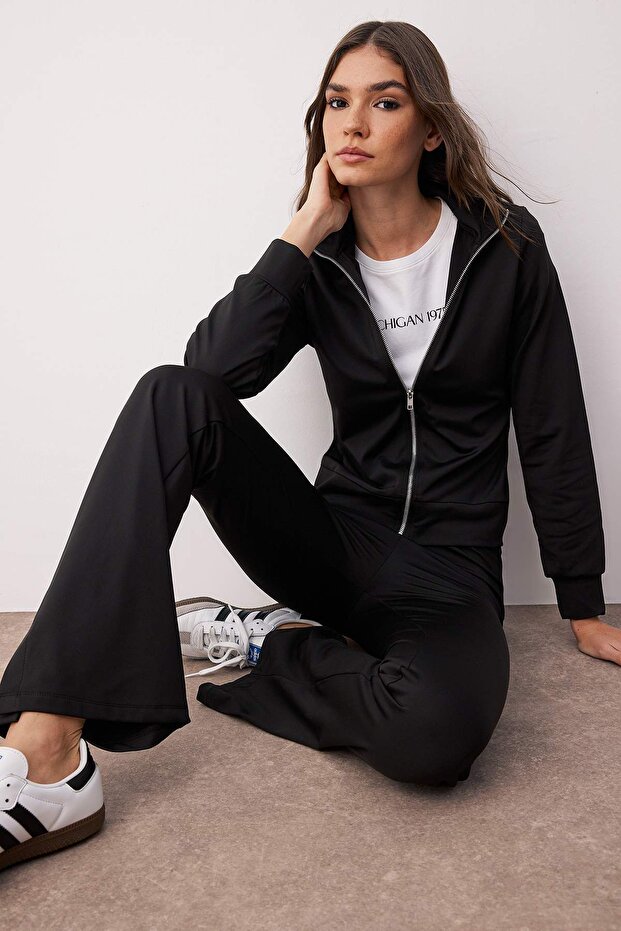 Siyah Reglan Kol Relaxed Üst Flare/ispanyol Paça Alt Esnek Örme Alt - Üst Takım TWOAW26AU00039 - 2