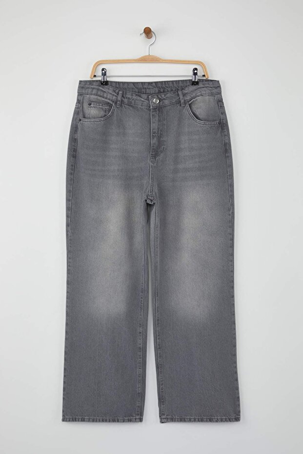 Gri Yüksek Bel Straight Fit %100 Pamuk Non-Strerch Denim Büyük Beden Jeans TBBSS24CJ00050 - 5