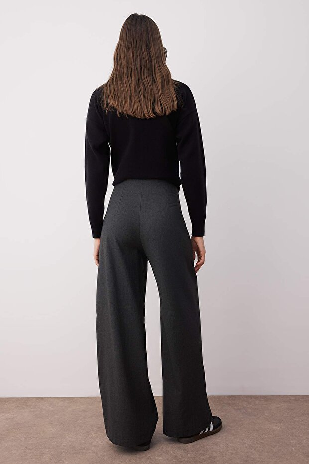 Antrasit Ufak Kemer Tokalı Wide Leg/Geniş Paça Pantolon TWOAW26PL00011 - 4