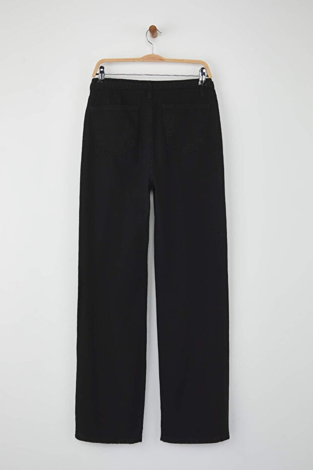 Wardrobe Essentials Siyah Yüksek Bel Kuş Gözü Detaylı Kemerli Wide Leg Palazzo Jeans TWOAW26JE00098 - 6