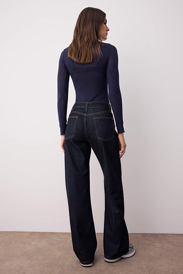 Koyu Mavi Yüksek Bel Wide Leg Geniş Paça %100 Pamuk Non-Stretch Jeans TWOAW26JE00007 - 4