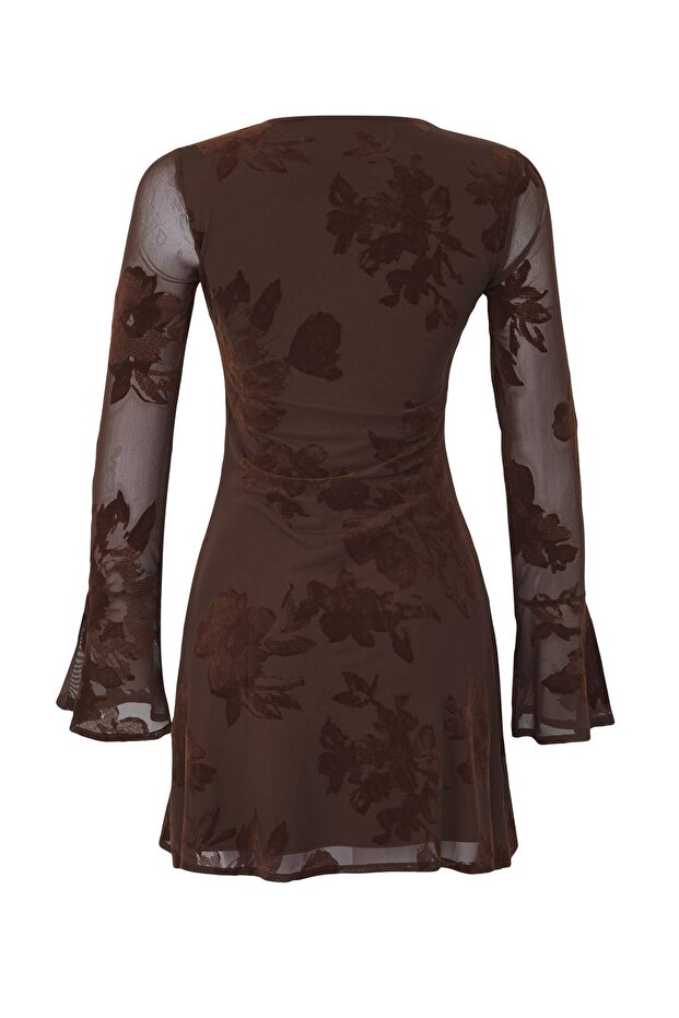 Çok Renkli Flok Baskılı Bodycon Mini Tül Flare Kollu Astarlı Esnek Örme Elbise TWOAW26EL00029 - 6