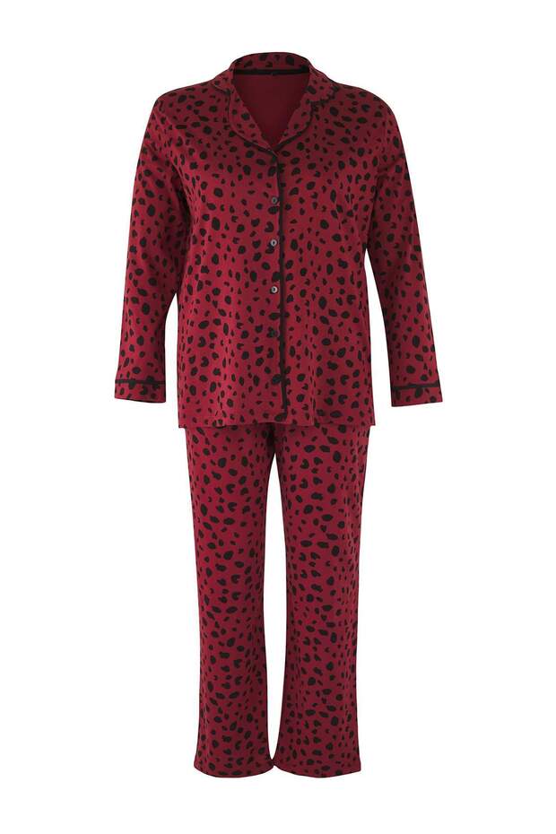 Bordo Kalpli Gömlek Yaka Örme Pijama Takımı TBBAW23AI00015 - 3