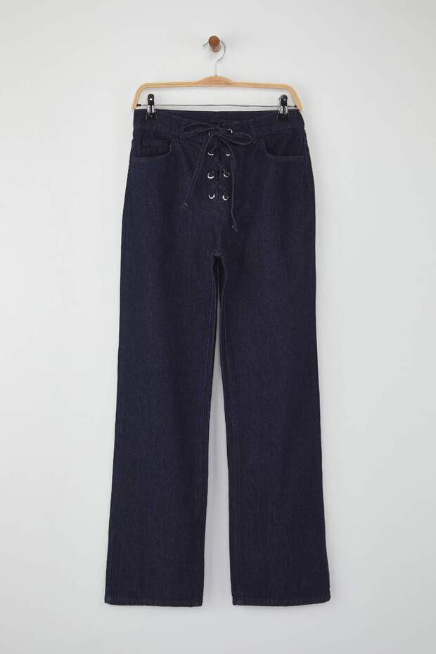 Özel Koleksiyon Koyu Mavi Kuş Gözü Bağlama Detaylı Yüksek Bel Wide Leg Jeans TWOAW26JE00042 - 1