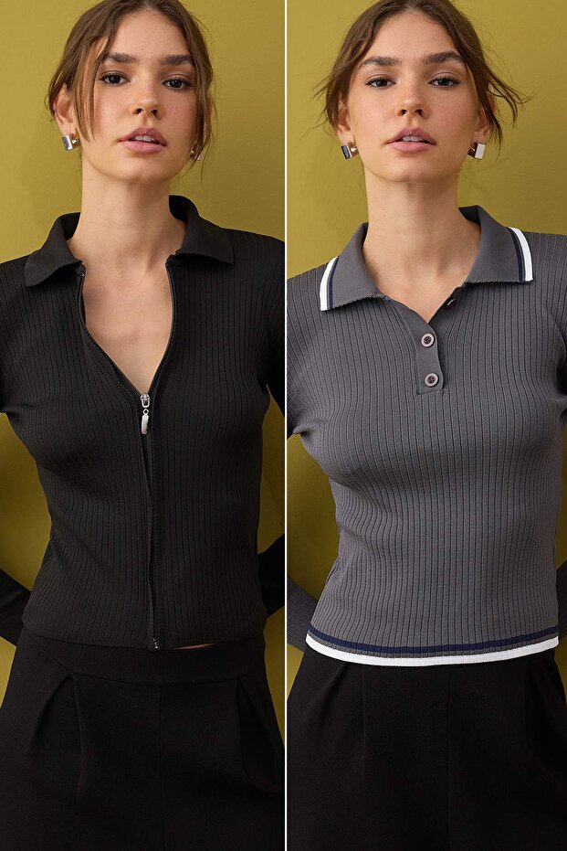 Gri-Siyah 2'li Basic Kısa/Crop İkili Paketl Triko Body Hırka-Kazak TWOAW26KZ00116 - 1