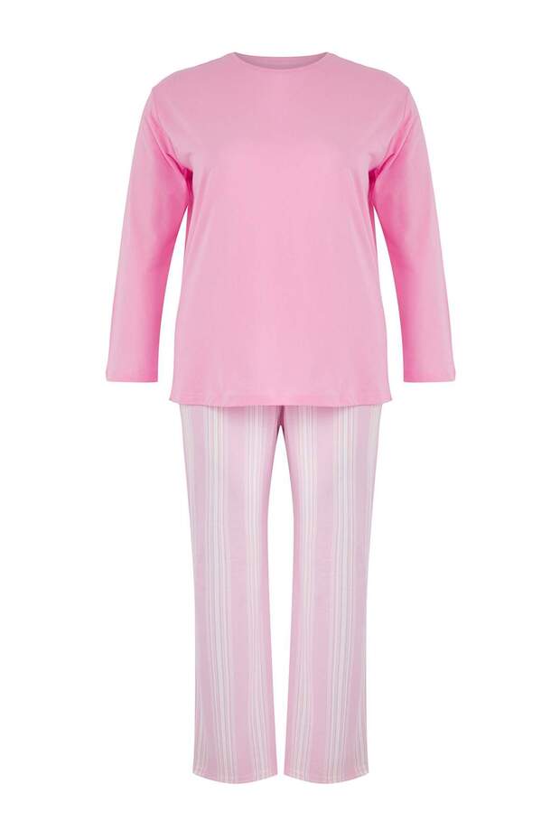 Pembe %100 Pamuklu Çizgili Örme Büyük Beden Pijama Takımı TBBAW26AI00014 - 5