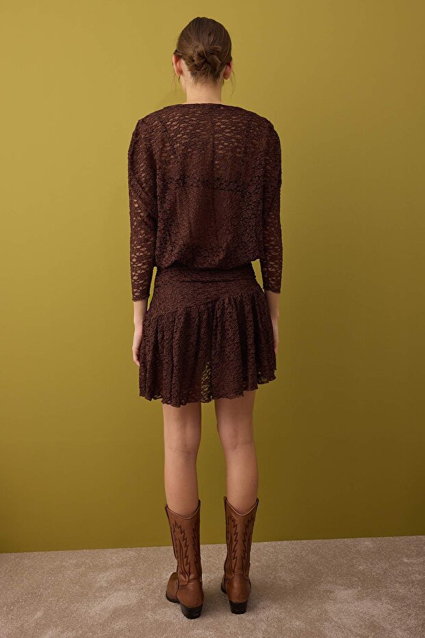 Kahverengi Boho Örme Dantel Kısa / Mini Elbise TPRAW26EL00046 - 4