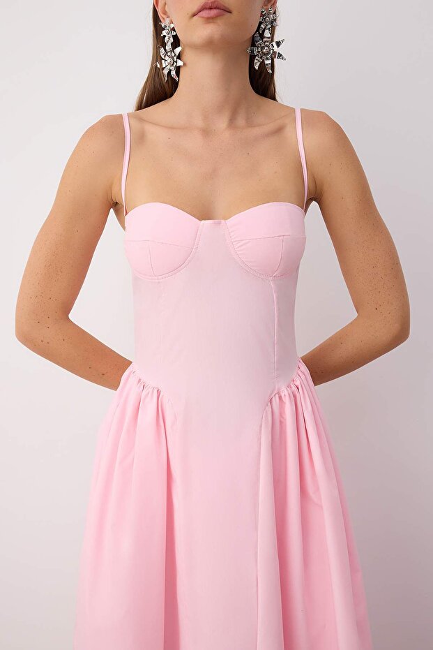 Pembe A-Kesim Poplin Dokuma Midi Elbise TPRSS24EL00294 - 3
