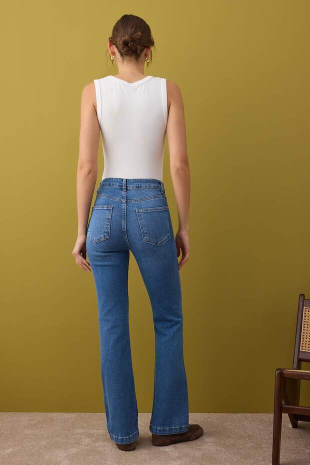 Mavi Yüksek Bel Comfort/Esnek İspanyol Paça Flare Jeans TWOAW26JE00047 - 4