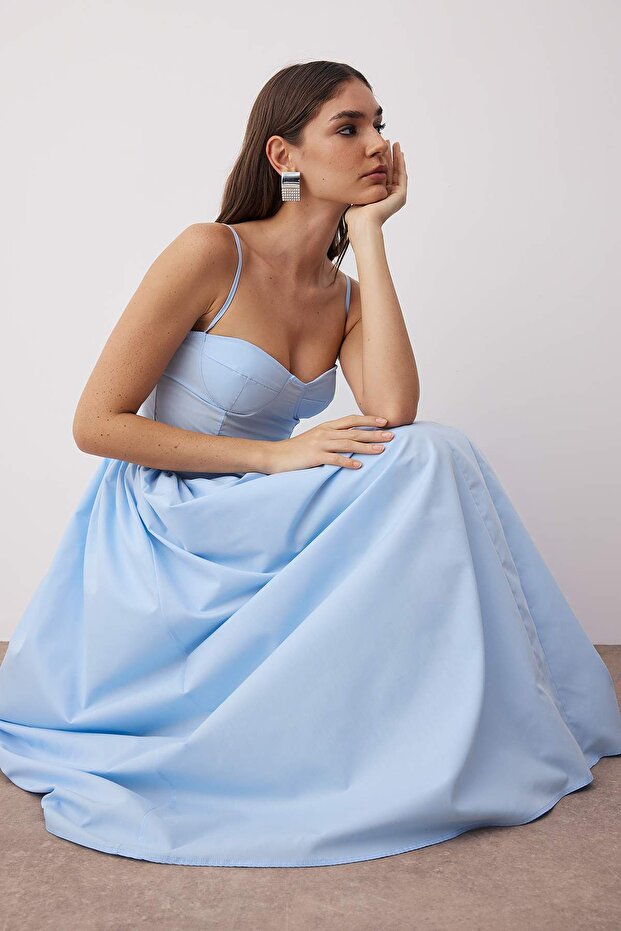 Світло-блакитна сукня міді А-силуету з тканого попліну TPRSS24EL00294 - 1