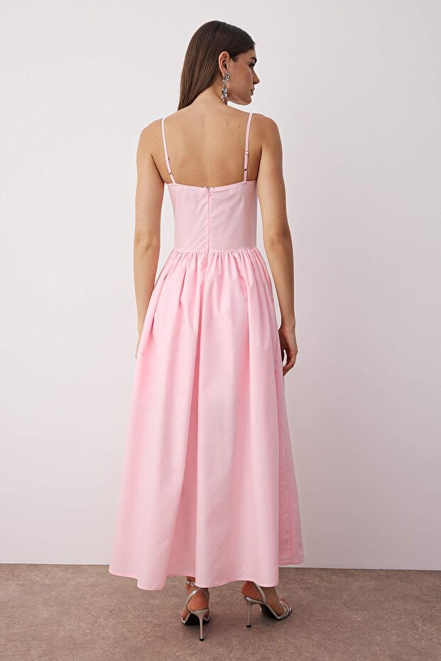Pembe A-Kesim Poplin Dokuma Midi Elbise TPRSS24EL00294 - 4