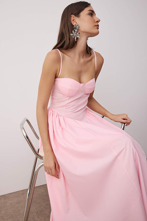 Pembe A-Kesim Poplin Dokuma Midi Elbise TPRSS24EL00294 - 2