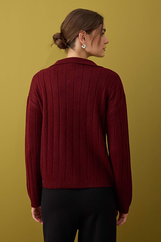 Bordo Yünlü Basic Polo Yaka Triko Hırka | TWOAW26HI00084 - 4
