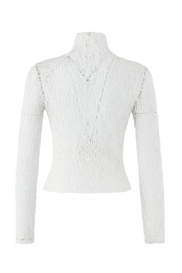 Ekru Fitted/Vücuda Oturan Reglan Kol Dantel Uzun Kollu Esnek Örme Bluz TWOAW26BZ00048 - 6