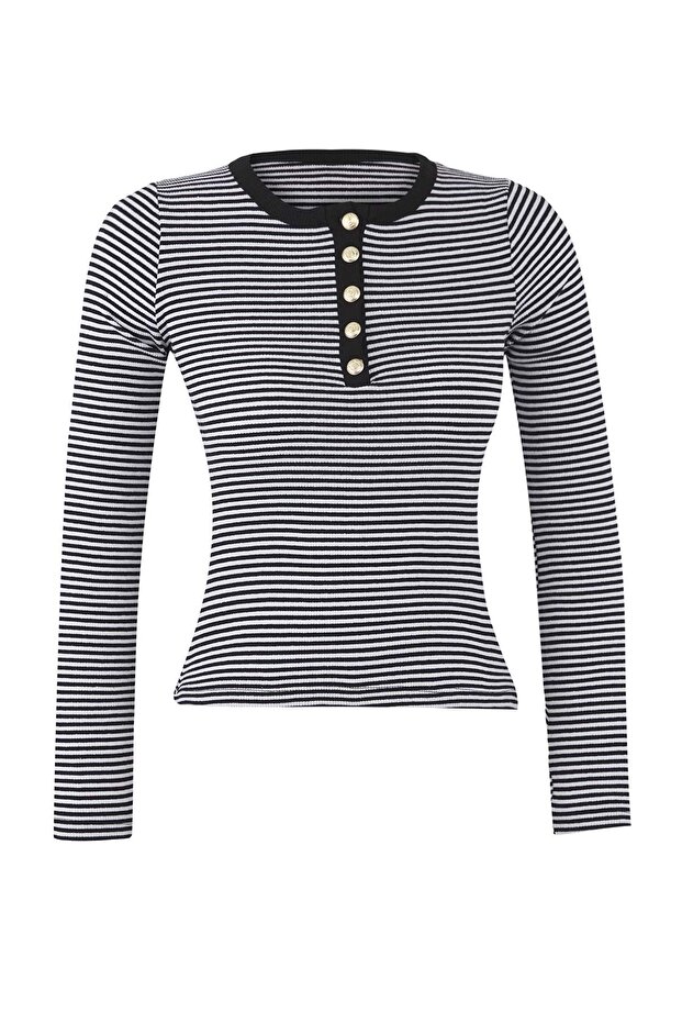 Siyah Bisiklet Yaka Düğmeli Fitted/Vücuda Oturan Esnek Fittilli Örme Bluz TWOAW26BZ00063 - 5